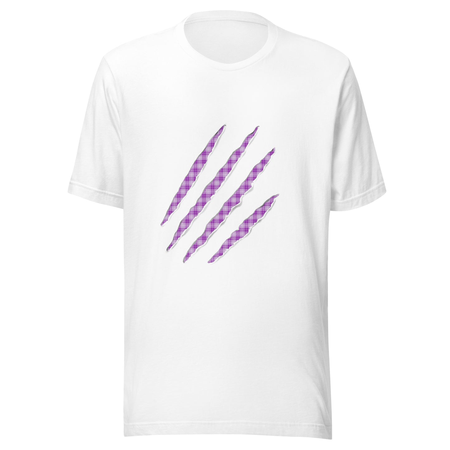 White t-shirt with Purple Pop claw marks