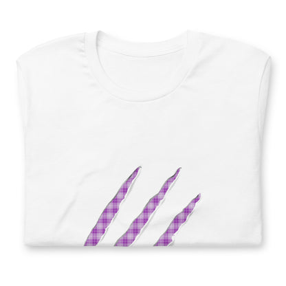 White t-shirt with Purple Pop claw marks