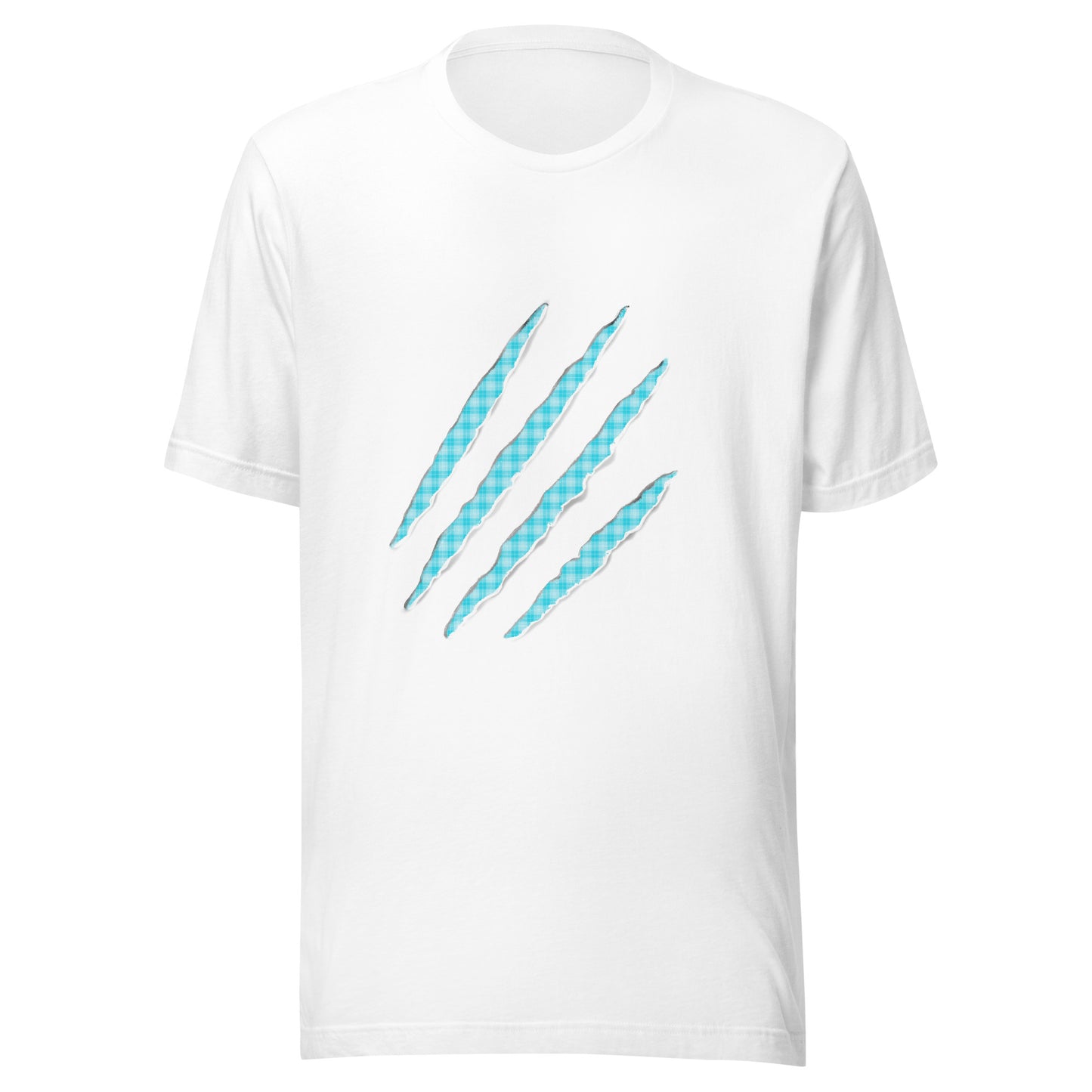 White t-shirt with Electric Blue claw marks