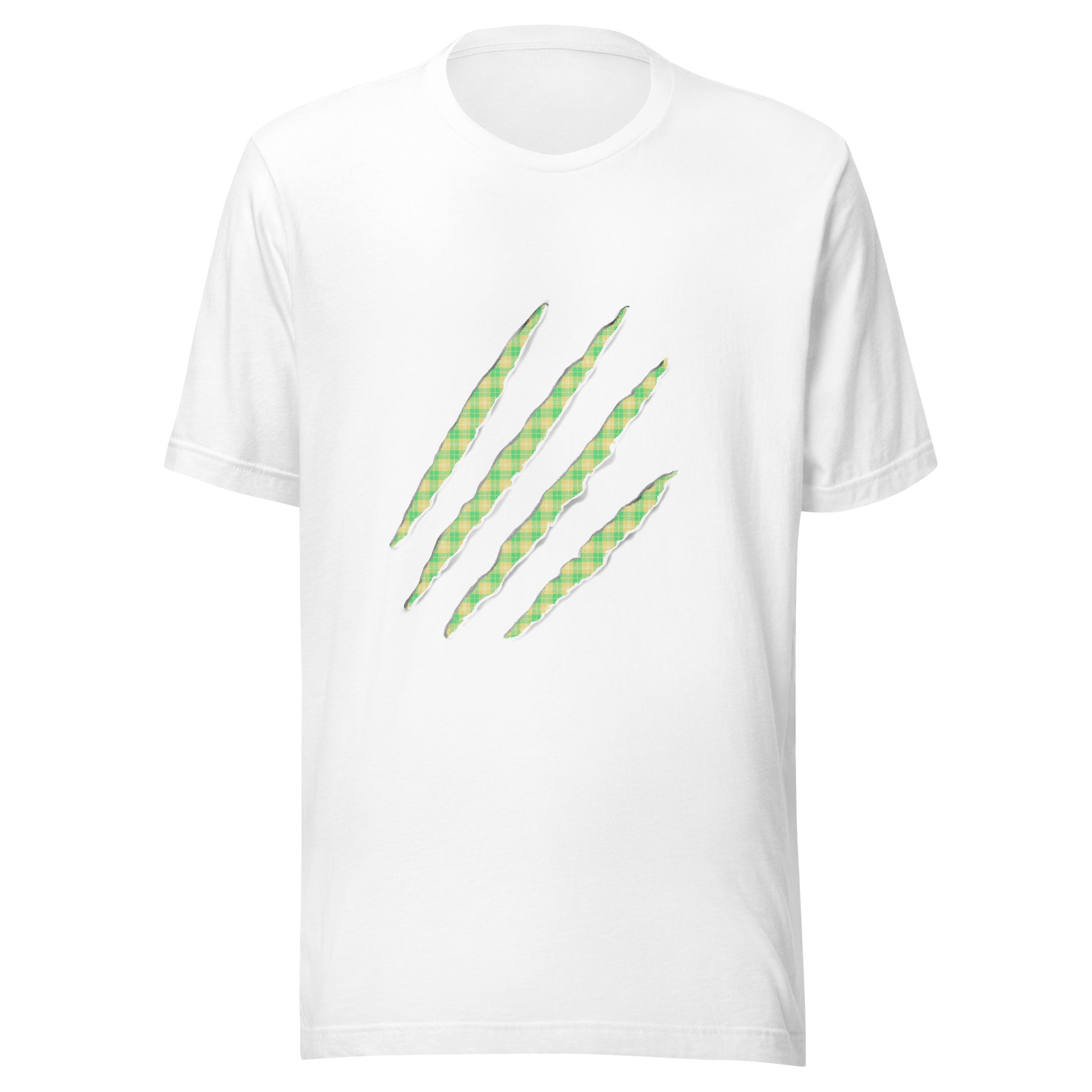 White t-shirt with Neon Green & Yellow claw marks