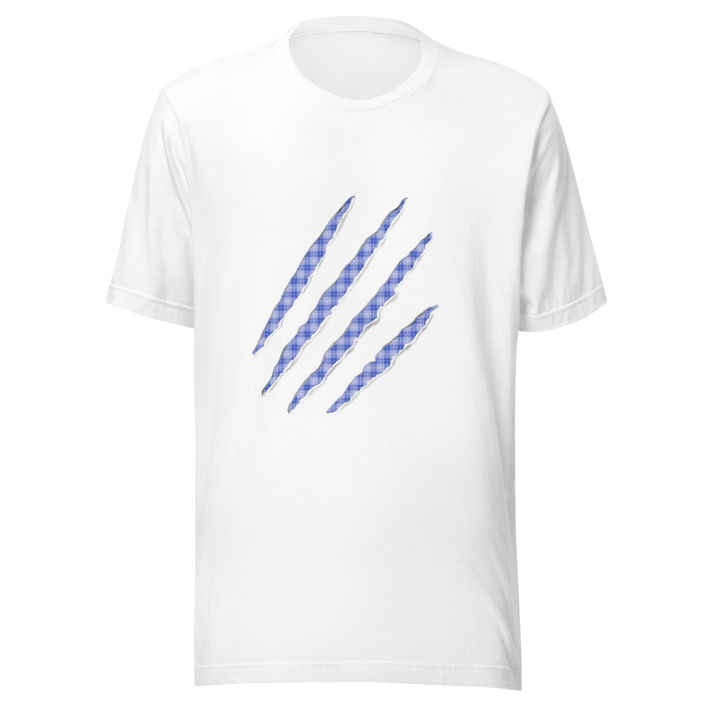 White t-shirt with Midnight Blue claw marks