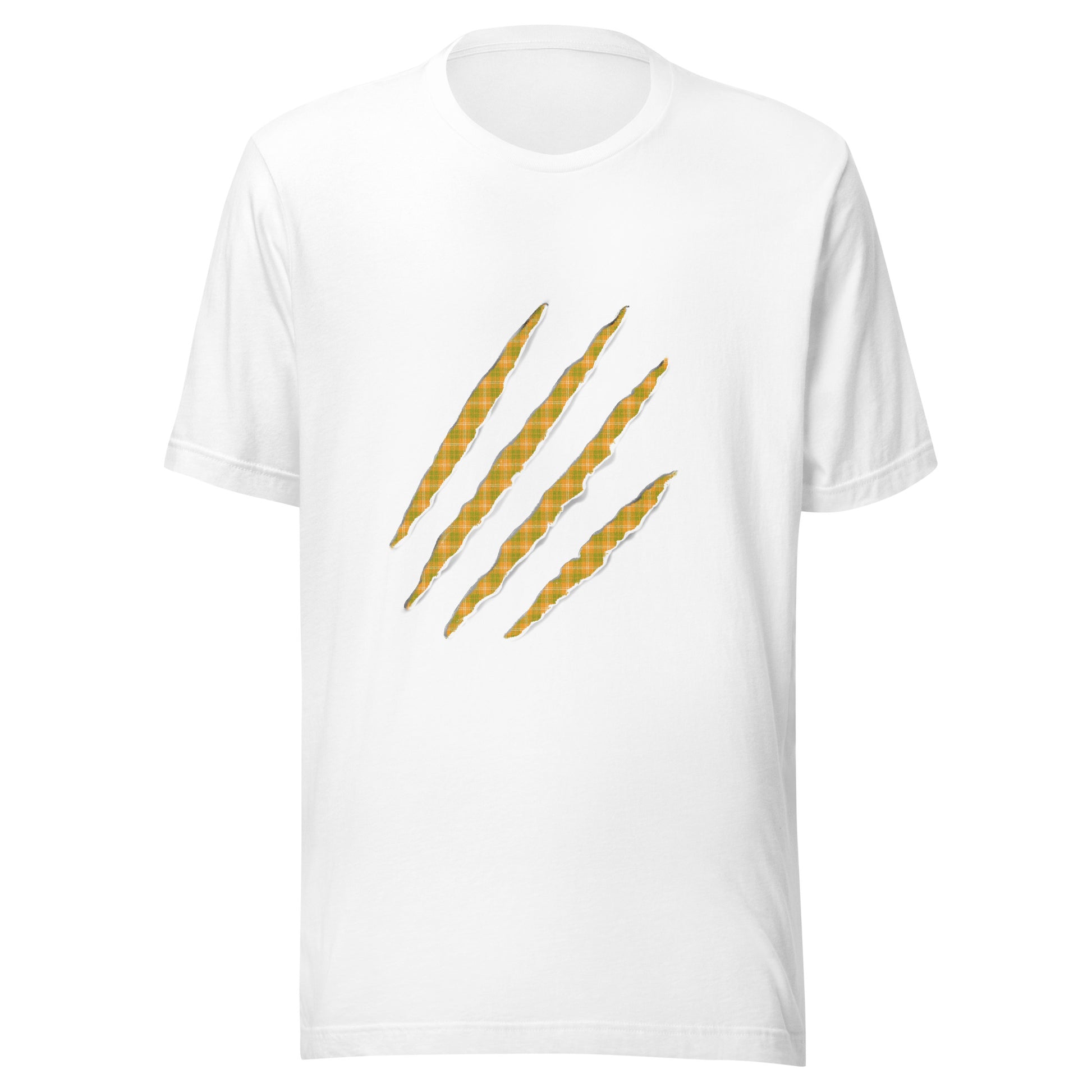 White t-shirt with Orange & Green claw marks