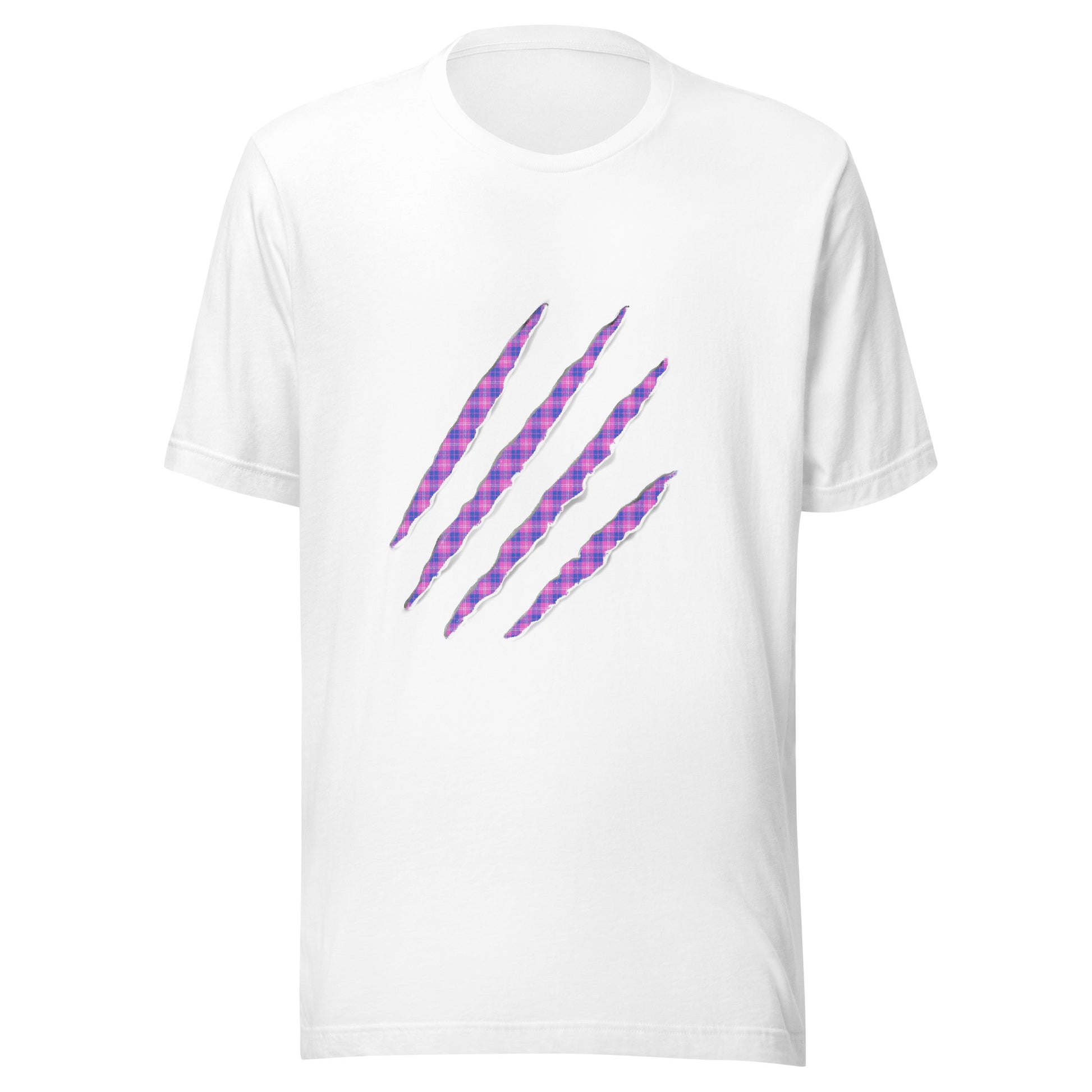 White t-shirt with Pink & Periwinkle claw marks