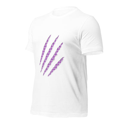 White t-shirt with Purple Pop claw marks