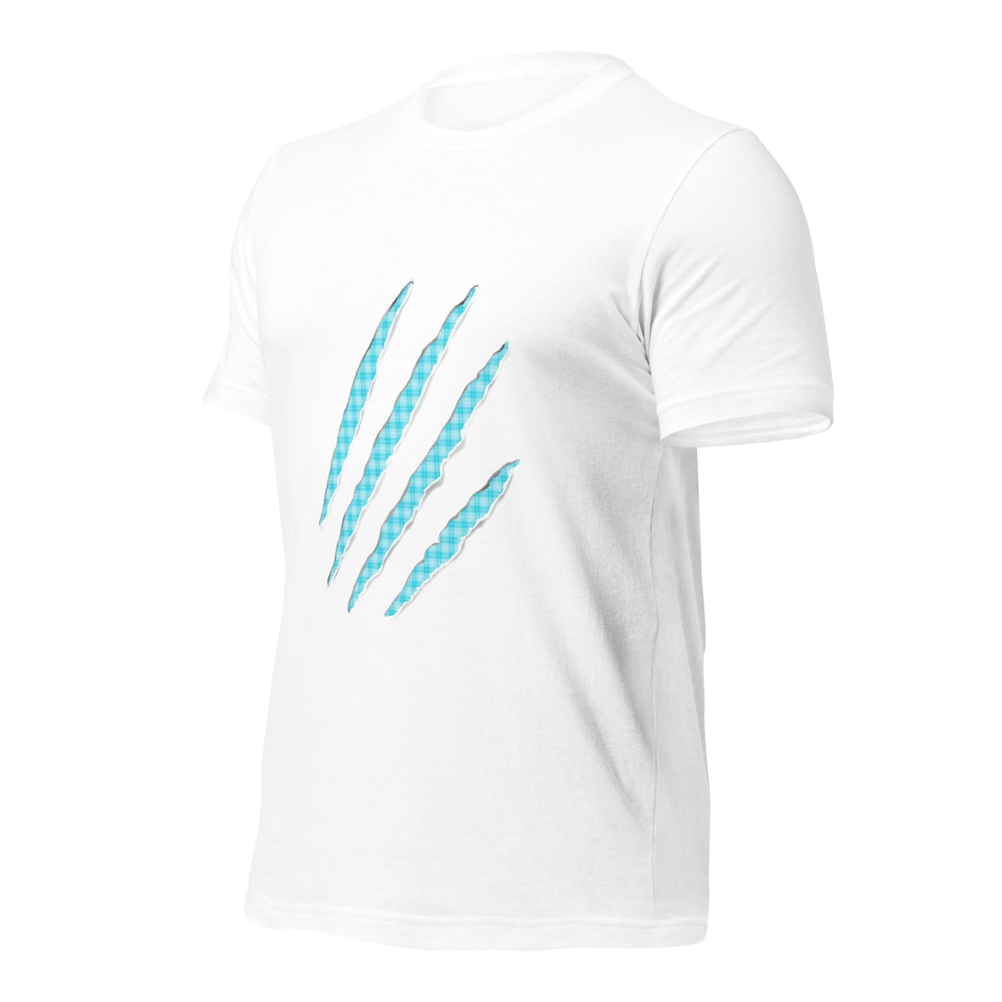 White t-shirt with Electric Blue claw marks