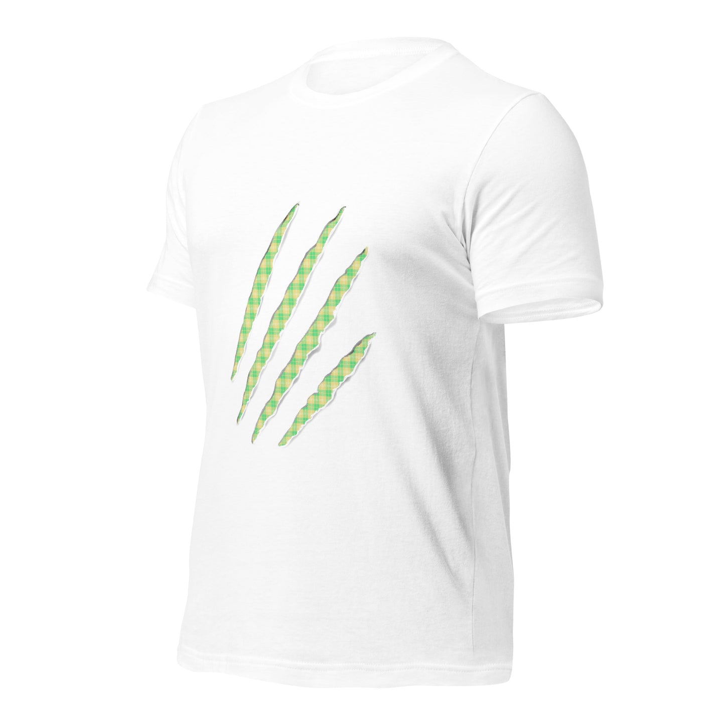 White t-shirt with Neon Green & Yellow claw marks