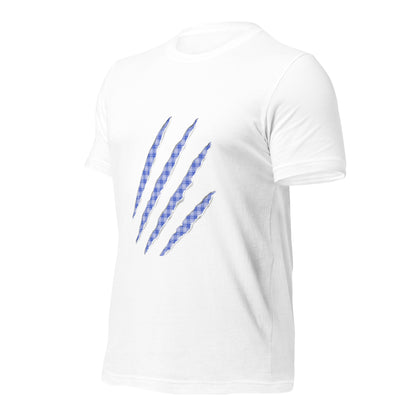 White t-shirt with Midnight Blue claw marks