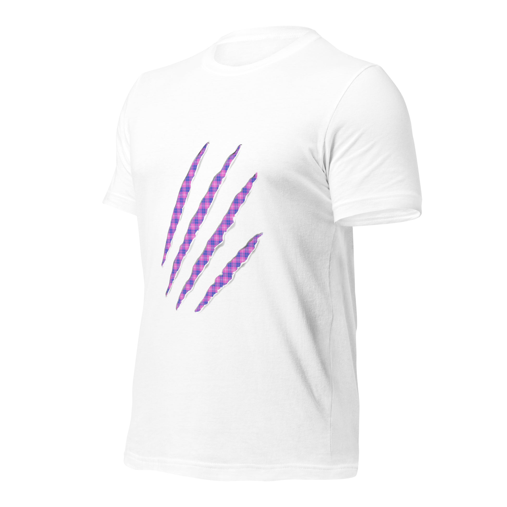 White t-shirt with Pink & Periwinkle claw marks