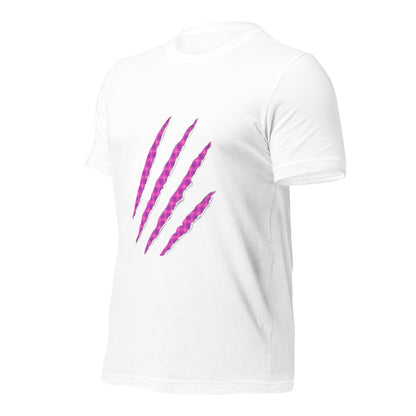 White t-shirt with Fuchsia Pop claw marks