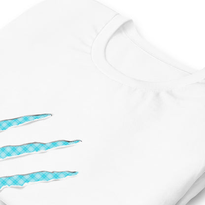 White t-shirt with Electric Blue claw marks