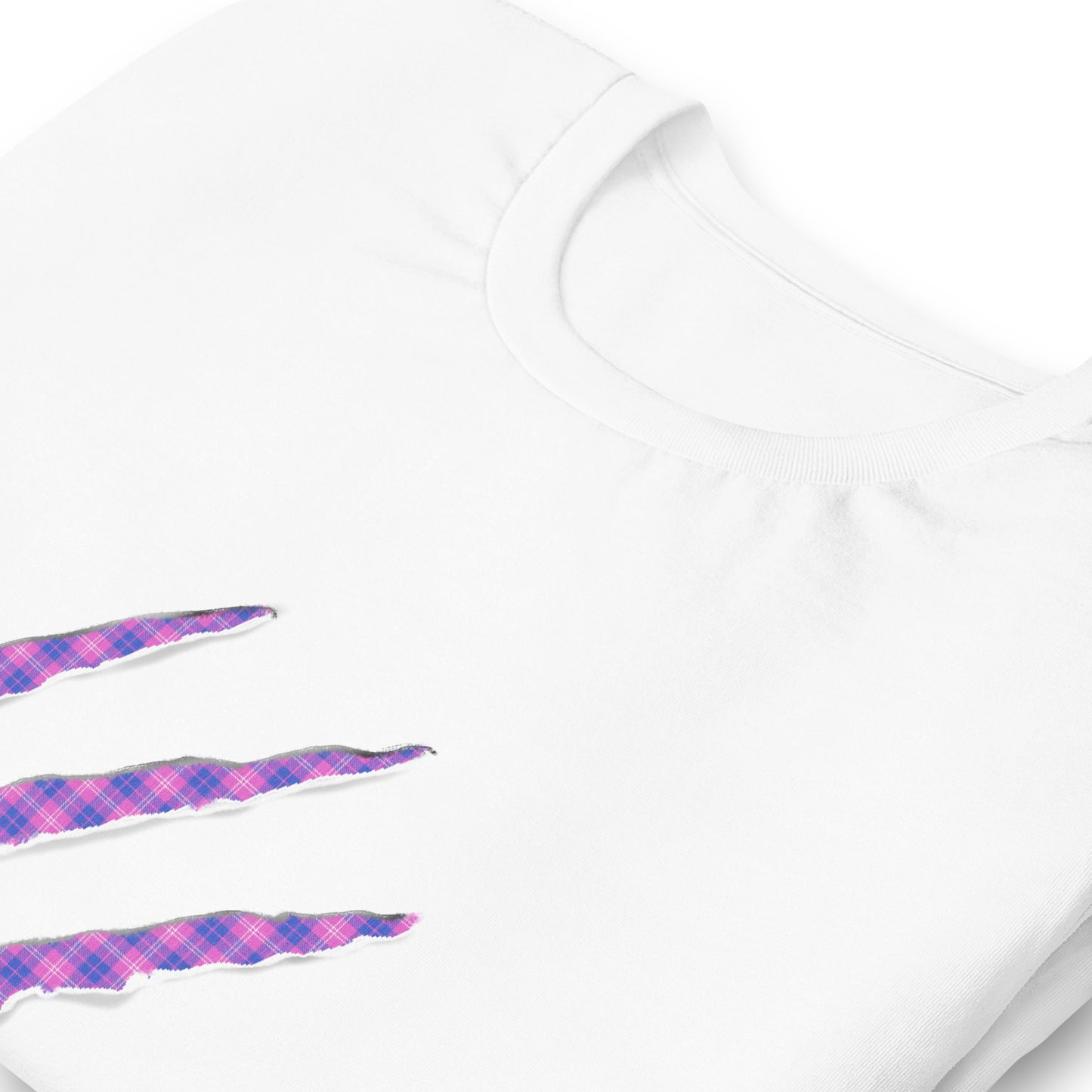 White t-shirt with Pink & Periwinkle claw marks