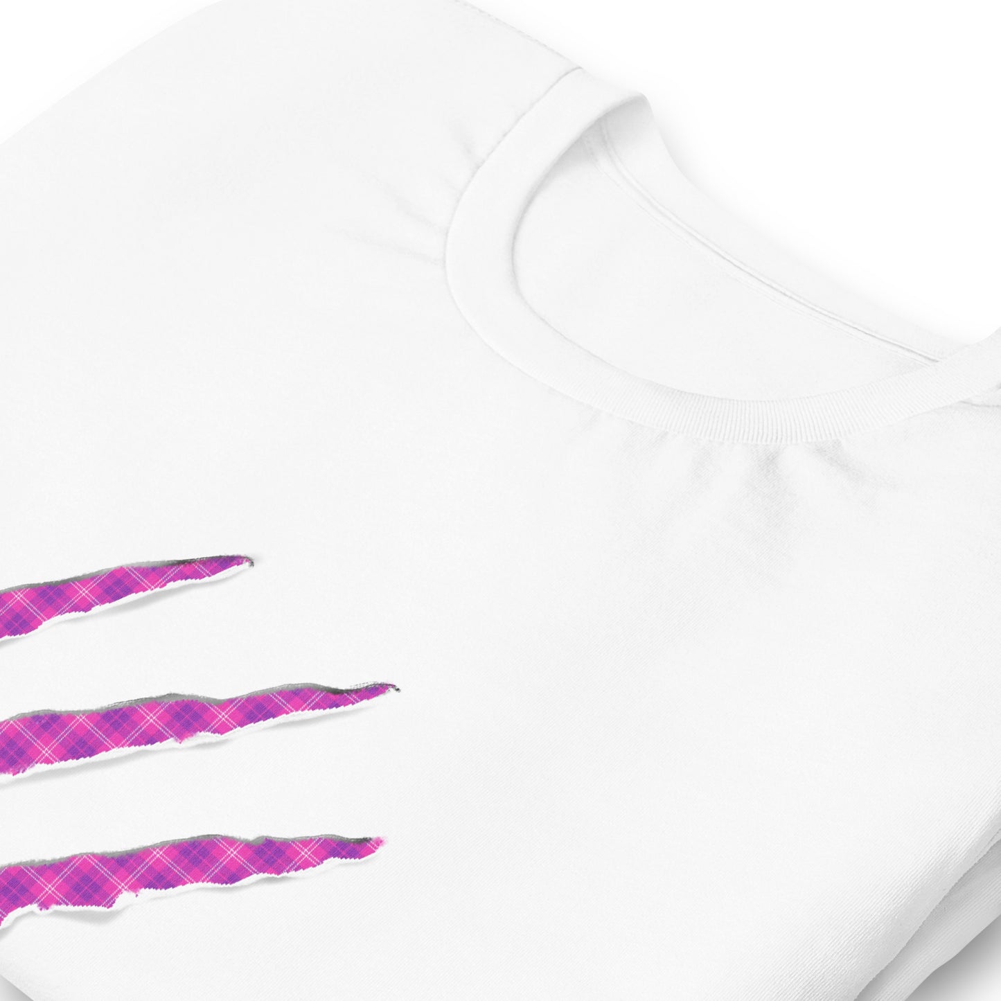 White t-shirt with Fuchsia Pop claw marks