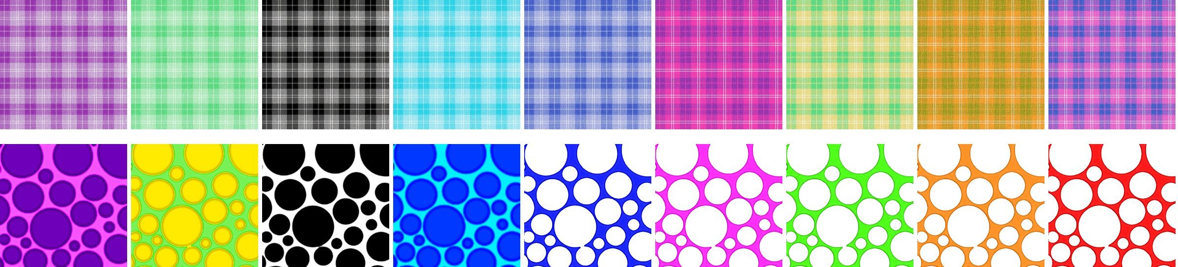 Eighteen WrinkledT all-over prints: nine plaid colourways above nine polka dot colourways